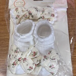 Baby Floral Bow Socks & Headband Set - Cream and White